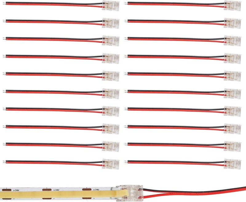 HEYAN 20 Pcs 2 Pin 8mm Solderless Transparent LED Strip Connector Strip to Wire for 12V 24V Single Color LED Light Strips - Image 1